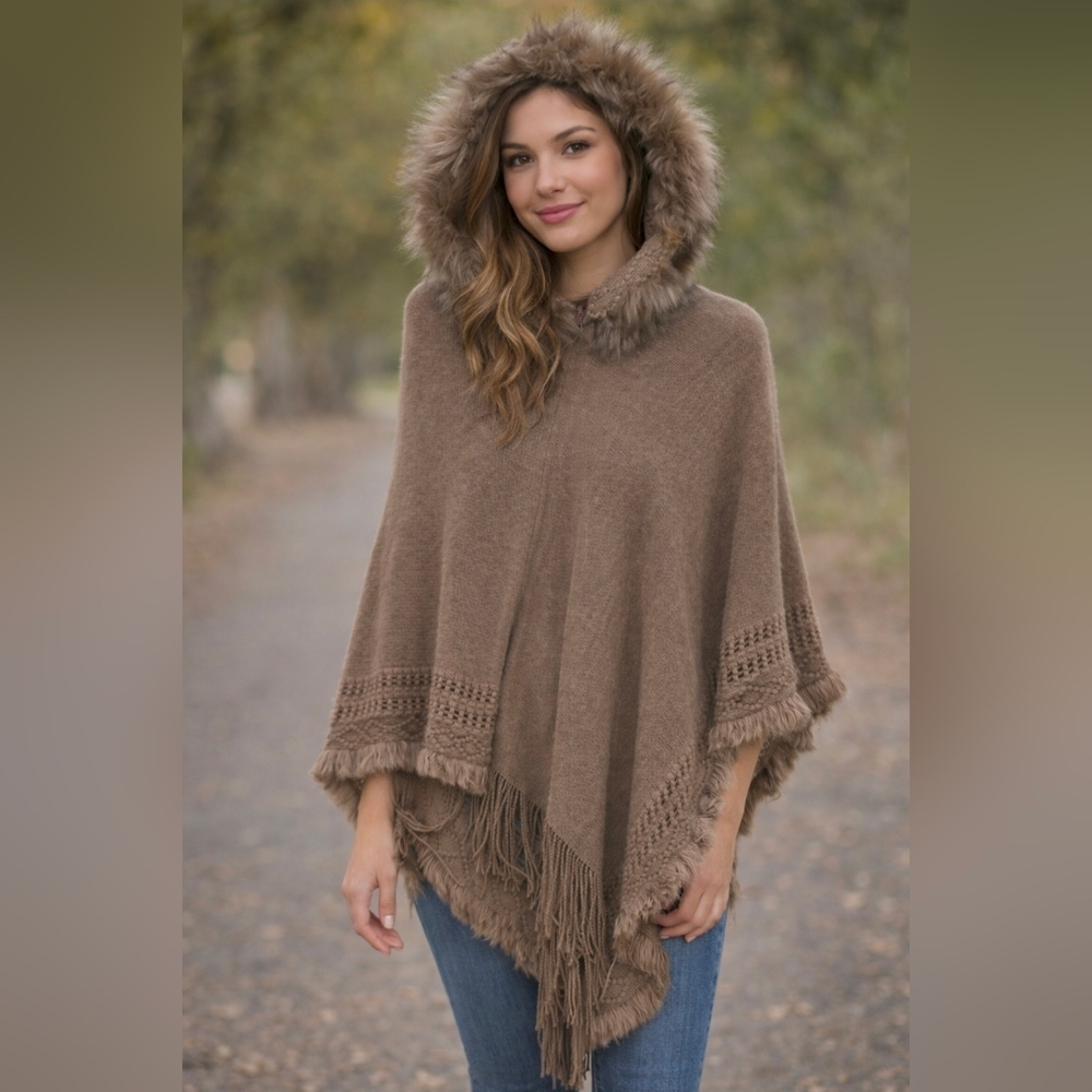 Elegant Tan Hooded Poncho with Fringe